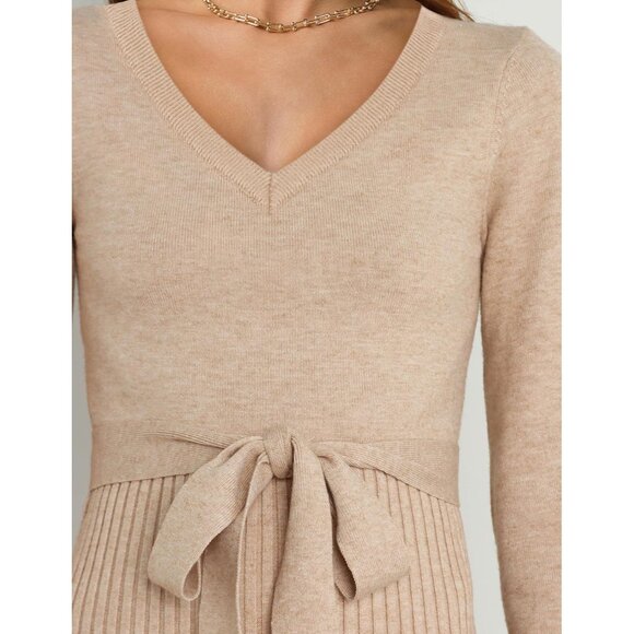 Womens Sweater Dress Ribbed Knit V-Neck Long Sleeve Fall Winter Midi - Picture 4 of 4